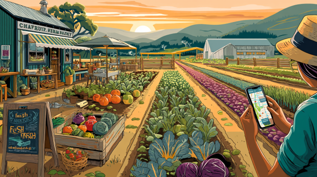 A sun-drenched small organic farm at golden hour, with rows of vibrant vegetables stretching toward rolling hills. A farmer checks her smartphone showing Google Maps with her farm prominently displayed. Nearby, a chalkboard sign features "Farm Fresh" with today's harvest.