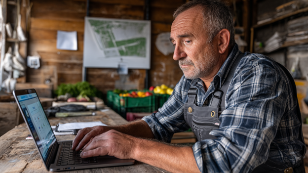 A farmer in overalls sits at a wooden desk, illuminated by morning sunlight streaming through a barn window. He's focused on a laptop displaying Google Business Profile dashboard.