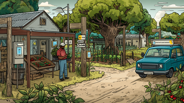 A small organic farm at sunset, hidden behind overgrown trees and missing signage. A farmer checks his empty smartphone while standing beside his produce stand, which lacks any digital presence indicators.