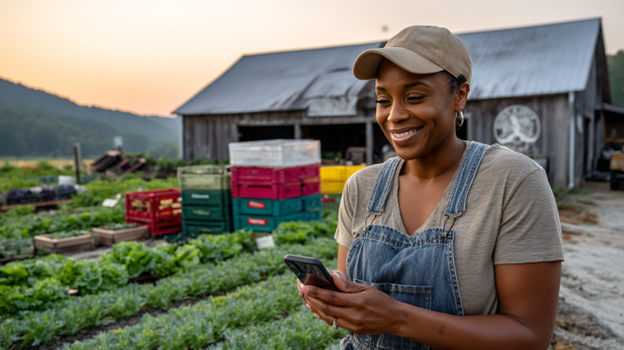 A farmer smiles while checking her smartphone in a lush vegetable field at sunset. Behind her, rows of organic produce stretch toward a rustic barn with the farm's logo.