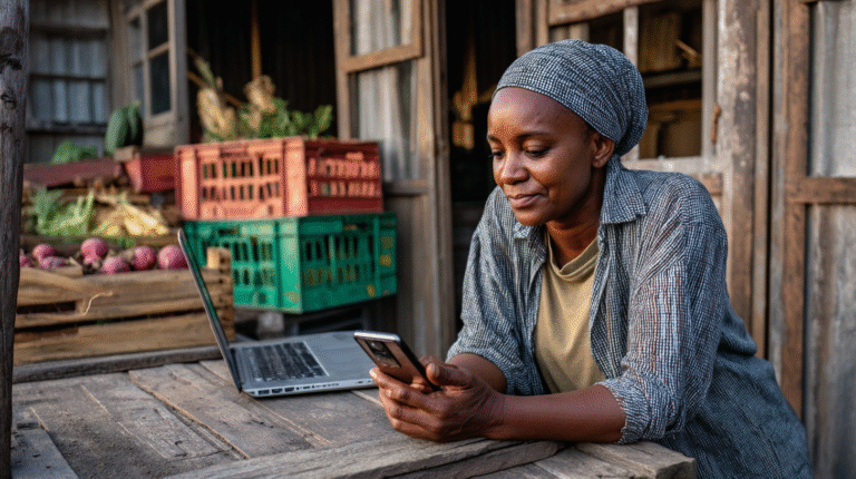 A small-scale farmer sits at a rustic wooden table, illuminated by warm morning light streaming through a window. She's focused on her smartphone, reviewing analytics on a simple farming app. Behind her, vibrant vegetable crates showcase her produce while a laptop displays an affordable marketplace website. Her weathered hands contrast with the modern technology, symbolizing traditional farming embracing digital solutions within limited resources