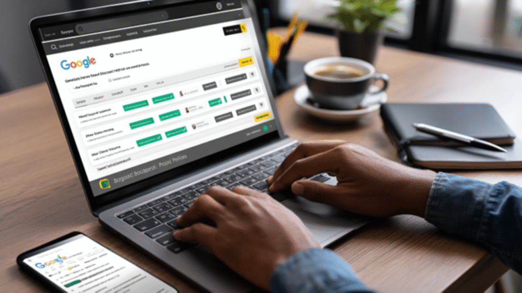 A close-up of a person's hands typing on a laptop screen displaying a Google Business Profile dashboard. Various profile sections show green completion checkmarks, while one remains highlighted in yellow