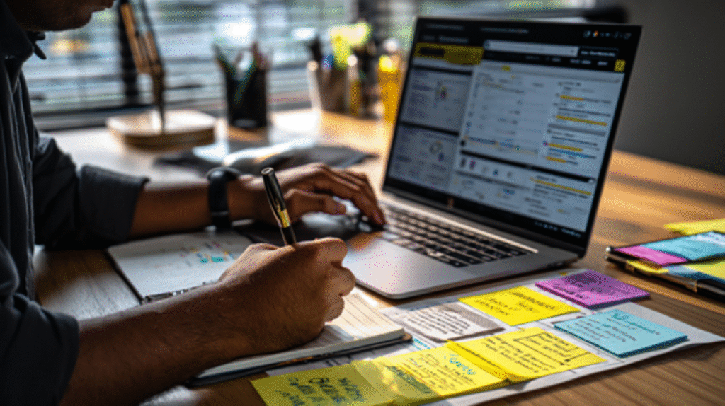 A digital marketing professional at a sleek desk, intently typing on a laptop displaying Google Business Profile analytics. A smartphone nearby shows a local business search result with a high ranking. 