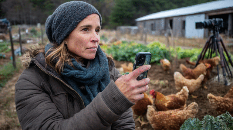 A farmer in golden afternoon light holds a smartphone, capturing video of her free-range chickens pecking around vibrant garden rows. Her modern barn stands in soft focus background.