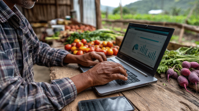 A farmer sits at a rustic wooden desk inside a small barn, illuminated by golden morning light streaming through windows. He's focused on her laptop, crafting an email newsletter showcasing vibrant produce photos.