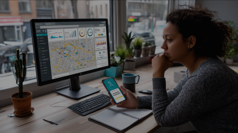 A marketing professional sits at a modern desk, analyzing Google Business Profile metrics on a large monitor displaying colorful analytics graphs and a local search map. Their smartphone shows a 5-star review notification.