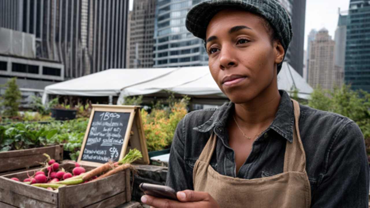 A young urban farmer, dirt under fingernails, looks confused at her smartphone against a backdrop of vibrant rooftop vegetables. Sunlight glints off skyscrapers beyond her garden.