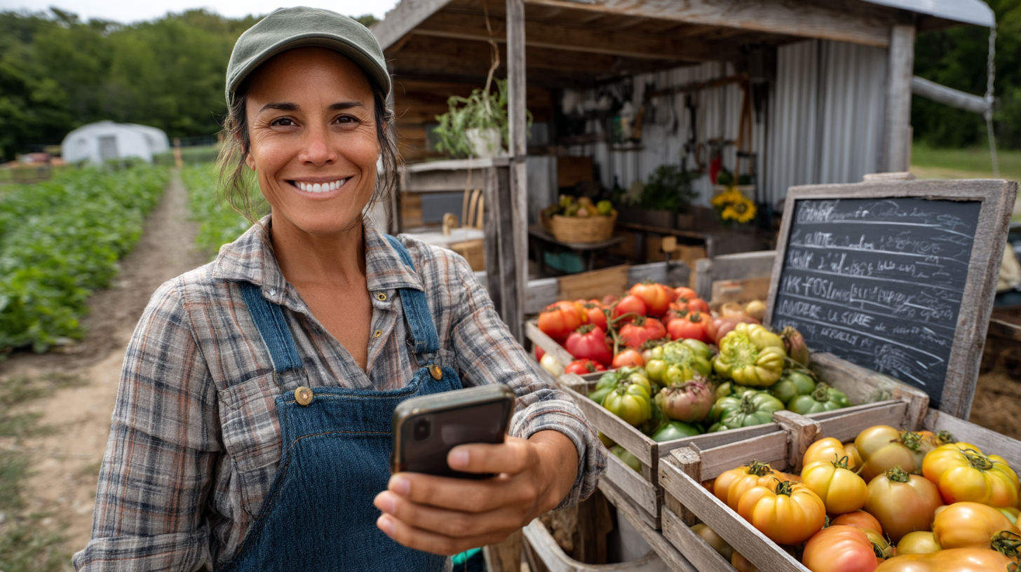 A farmer in her thirties smiles while taking a selfie in front of vibrant rows of heirloom tomatoes. Sunlight bathes the scene in golden warmth. In her other hand, she holds freshly harvested produce.