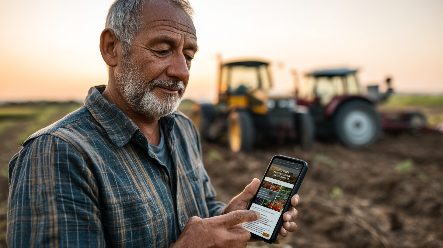 A farmer in a sunlit field checks his smartphone displaying his farm's website. His weathered hands hold the device while tractors work in the background.