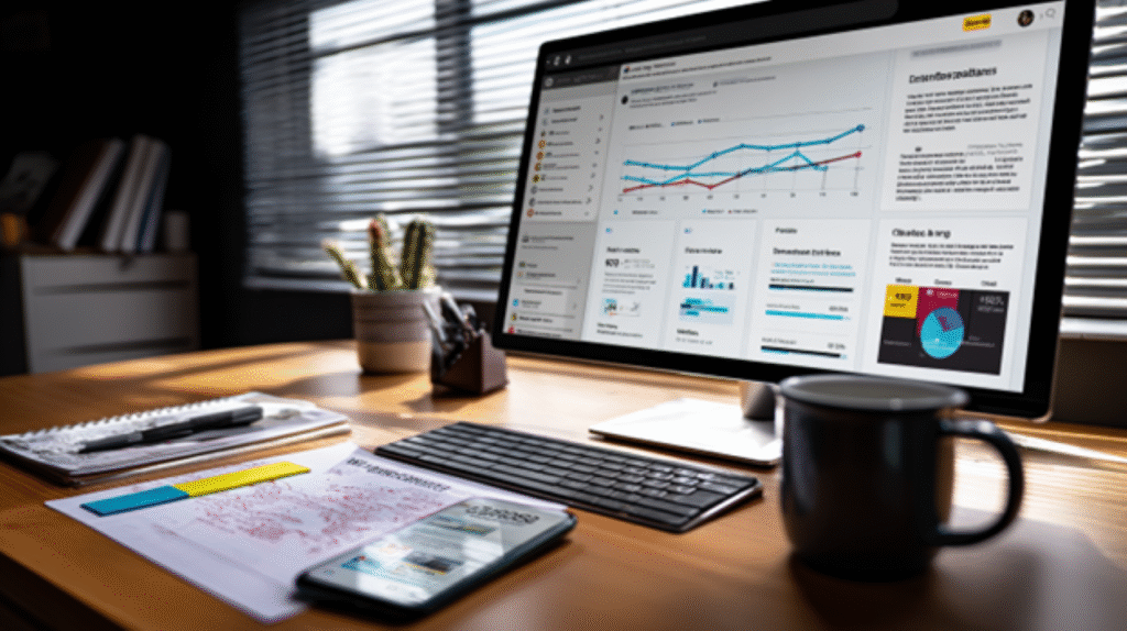 A marketing professional analyzes colorful Google Business Profile analytics on a sleek desktop monitor, showing upward-trending graphs and heat maps of customer engagement.