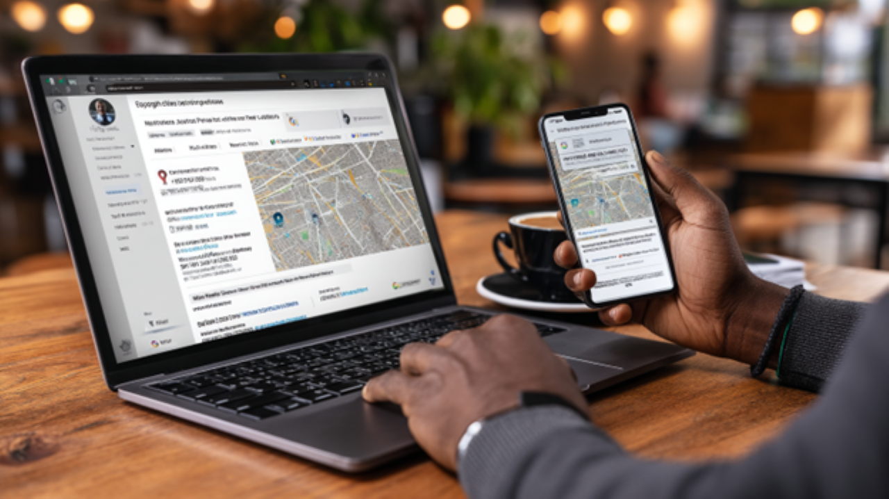 A business owner updates their Google Business Profile on a sleek laptop. Their smartphone displays consistent NAP (Name, Address, Phone) information beside a physical business card. 