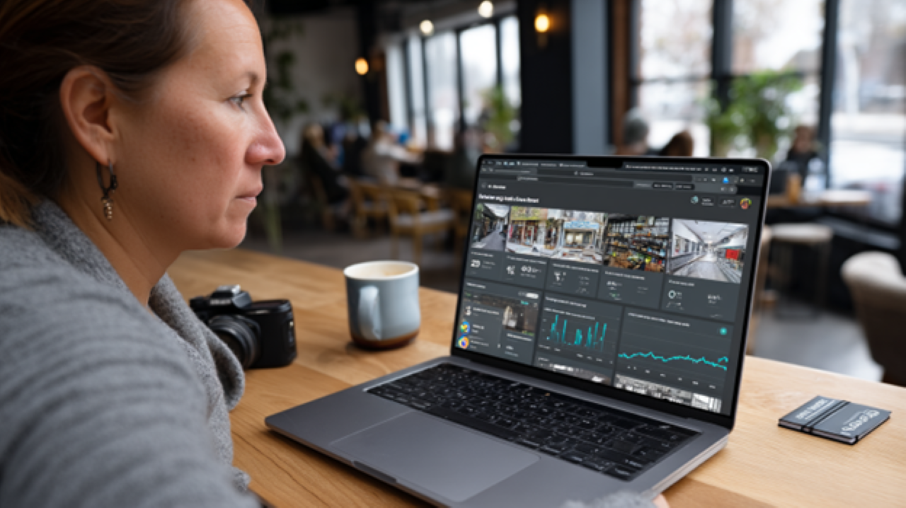 A photograph showing a business owner smiling while adjusting her Google Business Profile on a sleek laptop. The screen displays vibrant photos of her boutique, with analytics graphs trending upward. 