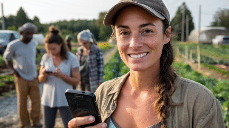 A smiling farmer holds up a smartphone displaying star ratings while standing in a sunlit field of organic vegetables. Nearby, a customer photographs vibrant produce with their phone.