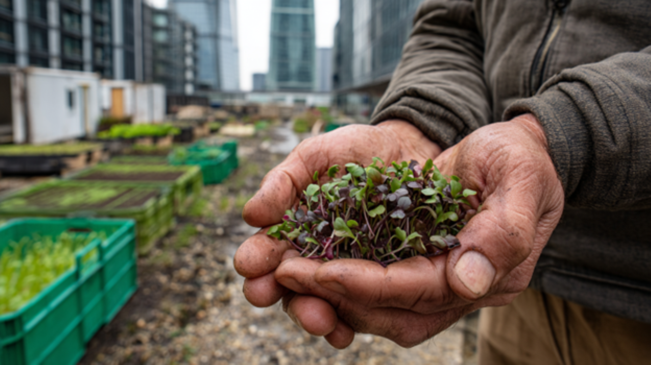 A close-up of a weathered farmer's hands holding vibrant microgreens against a blurred cityscape backdrop. Sunlight filters through nearby skyscrapers, illuminating the contrast between the fresh produce and concrete surroundings.
