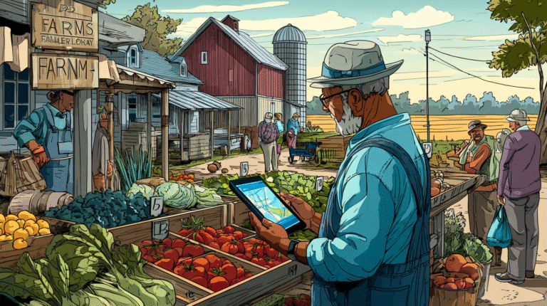 A farmer in overalls points at a tablet displaying a local map while standing at his farm stand full of fresh produce. Behind him, a rustic wooden sign features the farm's name.