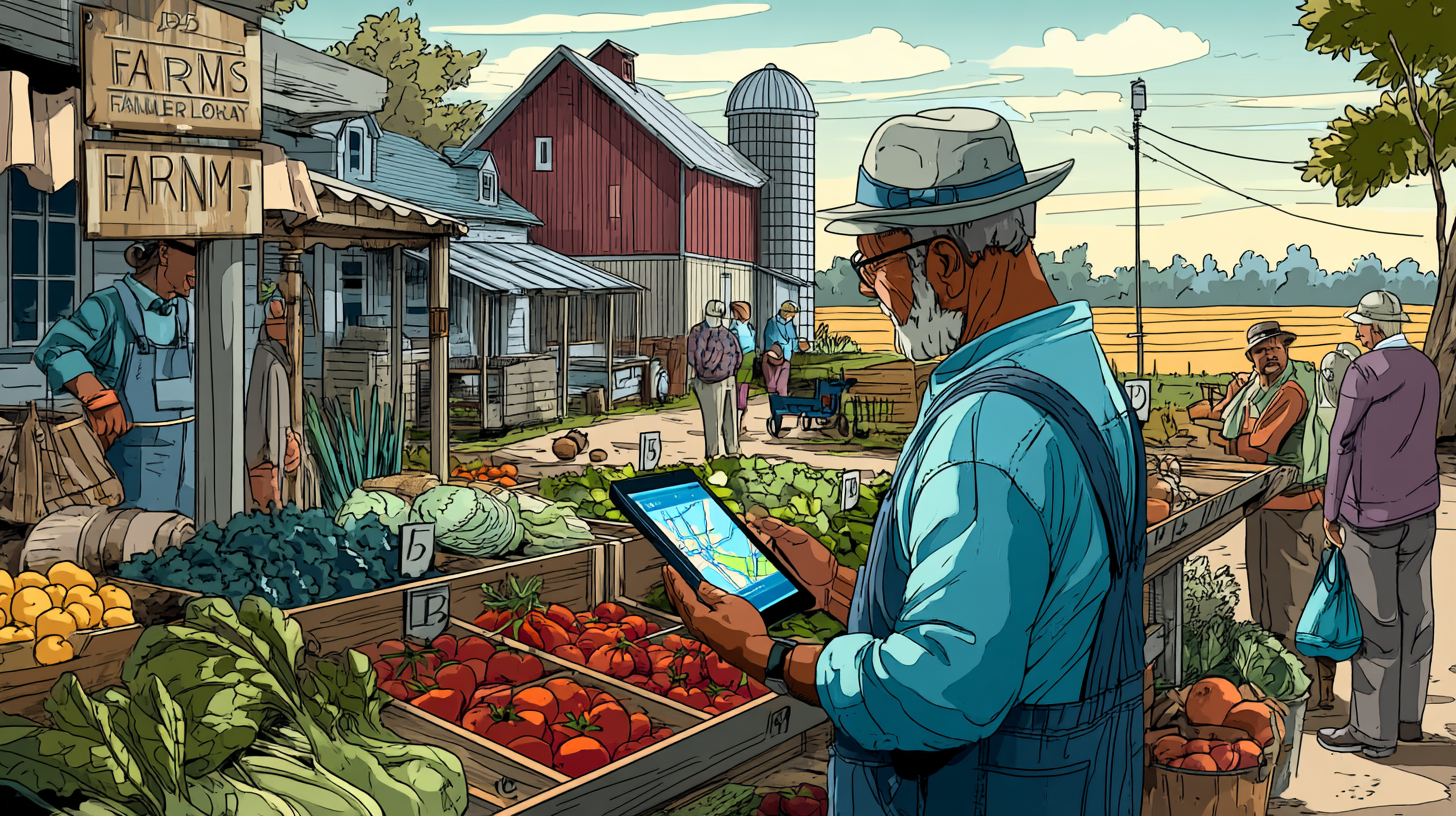 A farmer in overalls points at a tablet displaying a local map while standing at his farm stand full of fresh produce. Behind him, a rustic wooden sign features the farm's name.