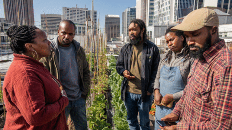 diverse group of urban farmers stands amid a rooftop garden, surrounded by vibrant vegetable rows and vertical growing systems against a city skyline backdrop. They look concerned while examining freshly harvested produce.